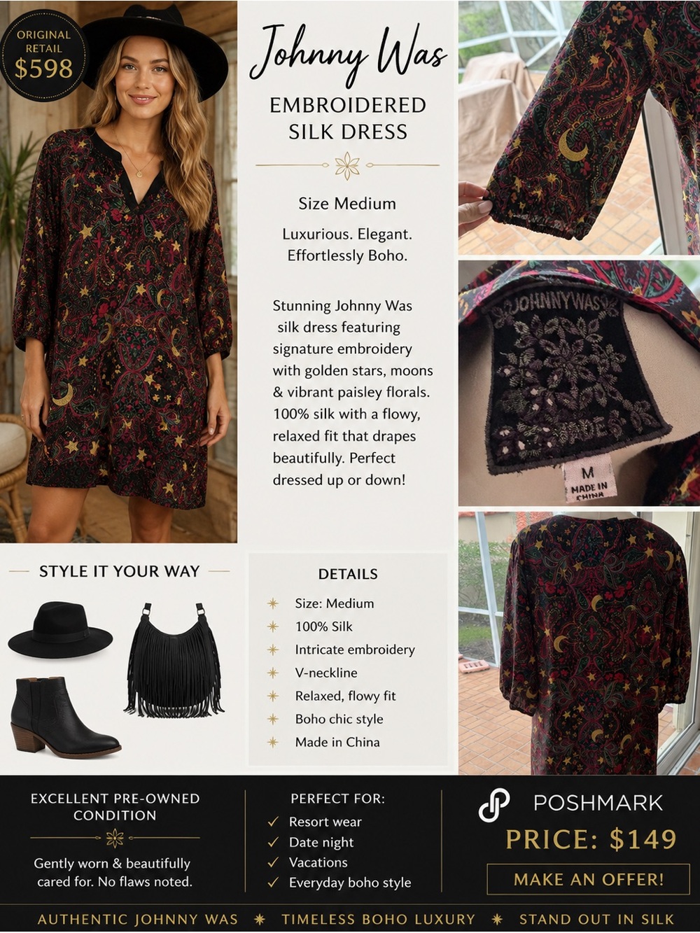 Johnny Was Black Silk Embroidered Paisley Dress with Gold & Burgundy Accents